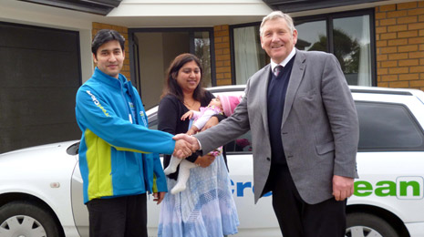Ashneer, his wife Durgeshni and baby daughter being welcomed to the province by Invercargill MP Eric Roy