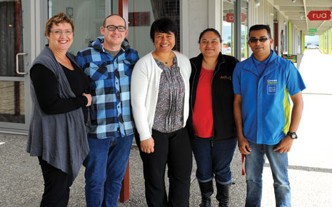 Pictured Here: (from left) Caroline Wedding, Jonathan Hickman (Amplify Project Researcher & High Tech Youth Studio Coordinator), Rebecca George-Koteka (Community Engagement & Enterprise Manager), Aroha Te Namu (Youth, Whanau and Learning Manager) and Naveen Chand (CrestClean Franchisee).
