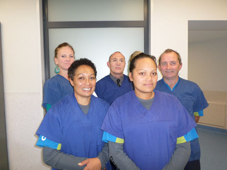 Hawkes Bay Franchisee Sophie Chase and her team, ready for hospital work, with Regional Director Abby Latu, left, with Regional Co-ordinator Gary Amy, center. 