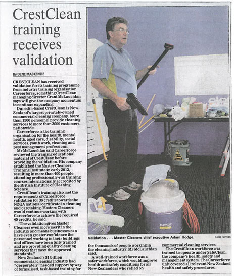 The Otago Daily Times article from 23 October reporting CrestClean’s news that training courses have been validated by NZQA-accredited Industry Training Organisation, Careerforce.