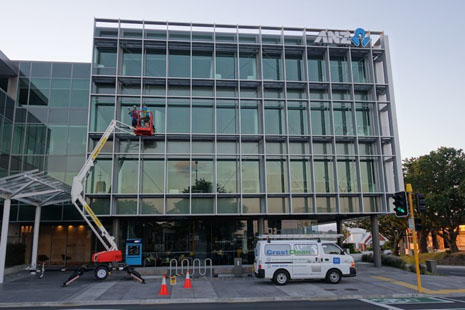 The Pure Water Window Cleaning System can be used from ground level -- most of the time. Unique louvres on this corner of the ANZ Building in Tauranga require a bit of extra equipment to make it safe and effective.