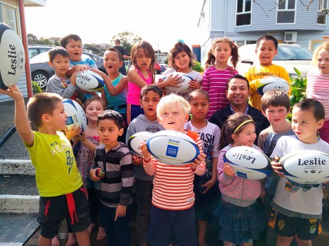 Spotswood Primary School pupils were thrilled to receive nine rugby balls.