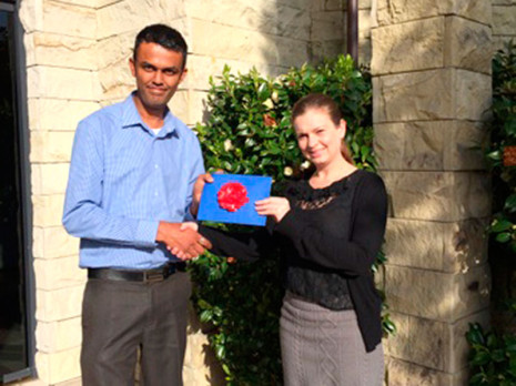 North Harbour/Whangarei Regional Manager Neil Kumar presented Nicki Pugh, from Centurion Management in Albany, with a SkyCity Hotel voucher she won in the prize draw at the Business North Harbour Expo.