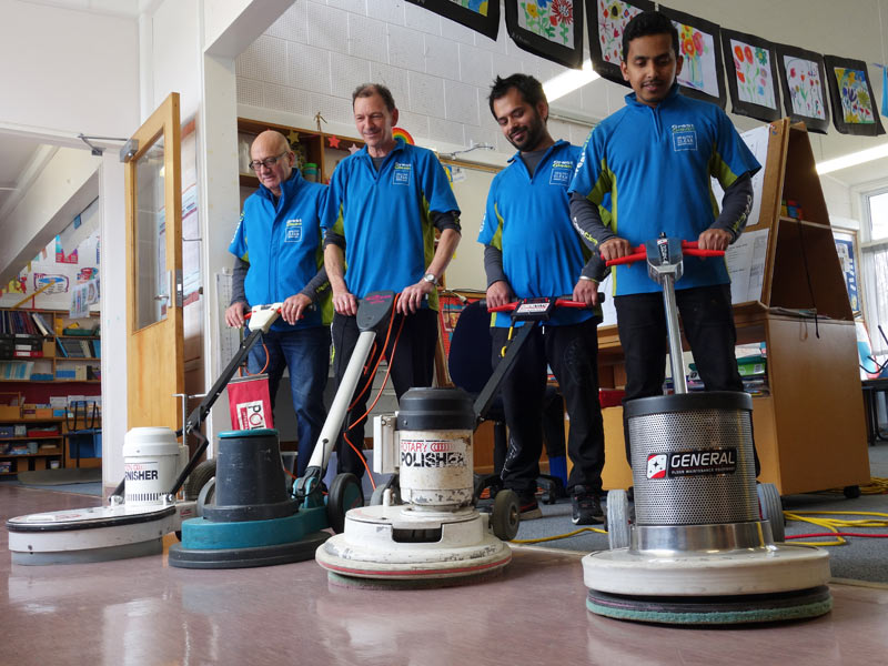 These Tauranga franchisees are all clued up on the latest in hard floor care after attending the upskilling course. With their machines are Neville Hall, Malcolm Brown, Rohit Chawla and Devidas Unni.