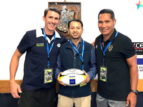 John Leslie with CrestClean’s Taranaki Regional Manager Prasun Acharya and Jack Kirifi, Taranaki Rugby Development Officer.