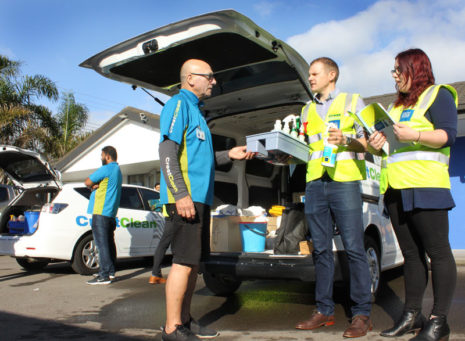 Crest business owner Neville Hall has his vehicle checked by Sam Lewis, General Manager Franchise Services. Looking on is CrestClean’s Megan Dawson, who provides CRM support/training.