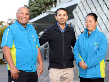 Afelee Niumea and Makalita Afelee with CrestClean’s Taranaki Regional Manager Prasun Acharya.