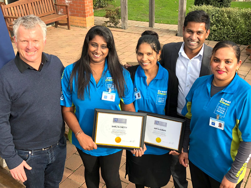 Shirlyn Chetty, Amita Kumari and Saleshni Devi receive their training awards from CrestClean Managing Director Grant McLauchlan and Yasa Panagoda, Christchurch North Regional Manager.