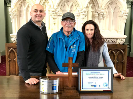 Fomai Vaitupu with Tony and Nicky Kramers in the First Church of Otago at Dunedin where he is an elder and Secretary of the Samoan Congregation.