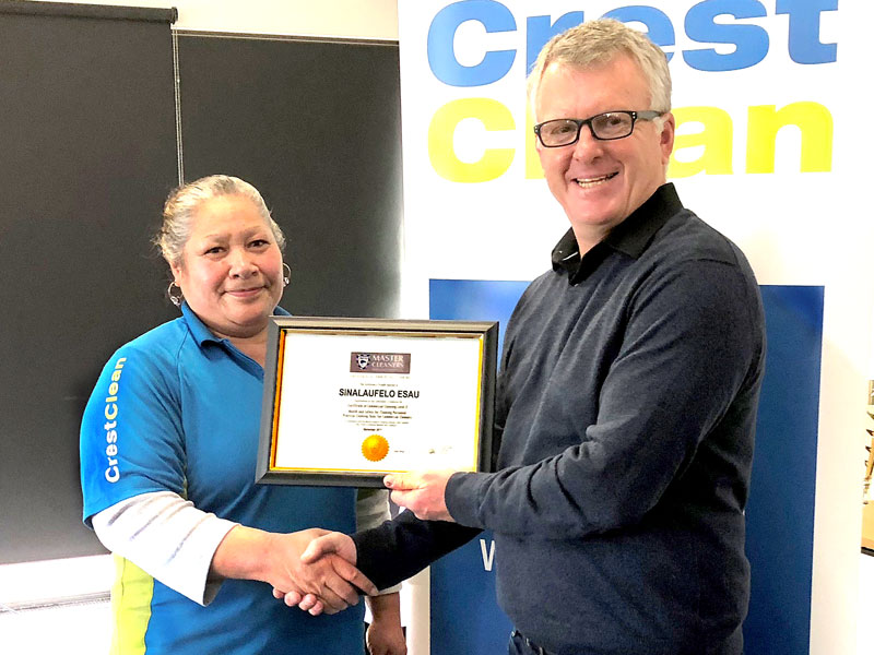 Sina Esau receives a Certificate in Commercial Cleaning Level 2 from Grant McLauchlan, Crest’s Managing Director. Sina Esau receives a Certificate in Commercial Cleaning Level 2 from Grant McLauchlan, Crest’s Managing Director. 