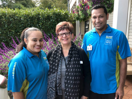 CrestClean’s Edwin Prakash and Ashna Devi with Amanda Zinsli from Hospice West Auckland