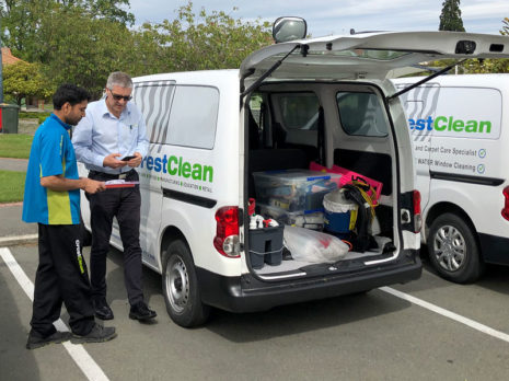 Sandeep Kumar has his van and equipment checked by Ian Noon, CrestClean’s Health, Safety and Wellbeing leader.