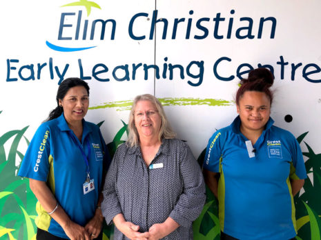 The CrestClean team of Mohini Singh and Teruma Hauraki with Elim Christian Early Learning Centre Manager Catherine McCormick.