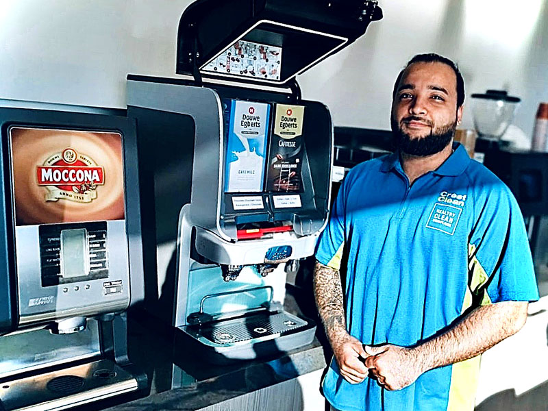 Aman Kareer enjoys cleaning and servicing coffee machines for his customer.
