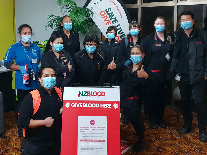 CrestClean’s Makalita Afelee is seen with New Zealand Blood Services personnel at the mobile collection clinic in New Plymouth. 