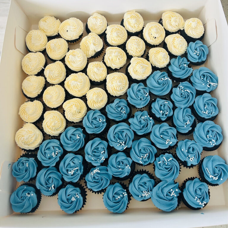 Chocolate cupcakes reflecting Whangaparāoa Primary School and CrestClean colours.