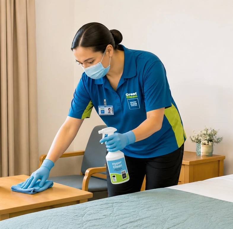 CrestClean franchisee wiping bed table