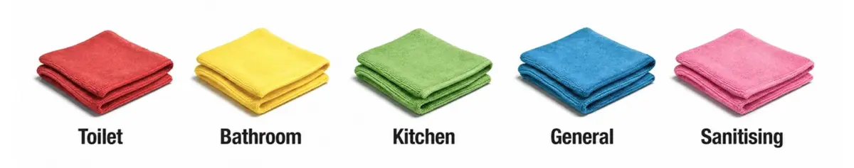 Colour coded microfibre cloths are used to prevent cross-contamination