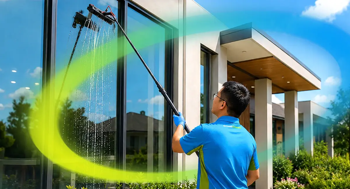 CrestClean male cleaning external window with extendable brush